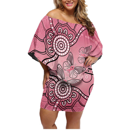 Pink Aboriginal Butterfly Ribbon Cancer Family Matching Off Shoulder Short Dress and Hawaiian Shirt