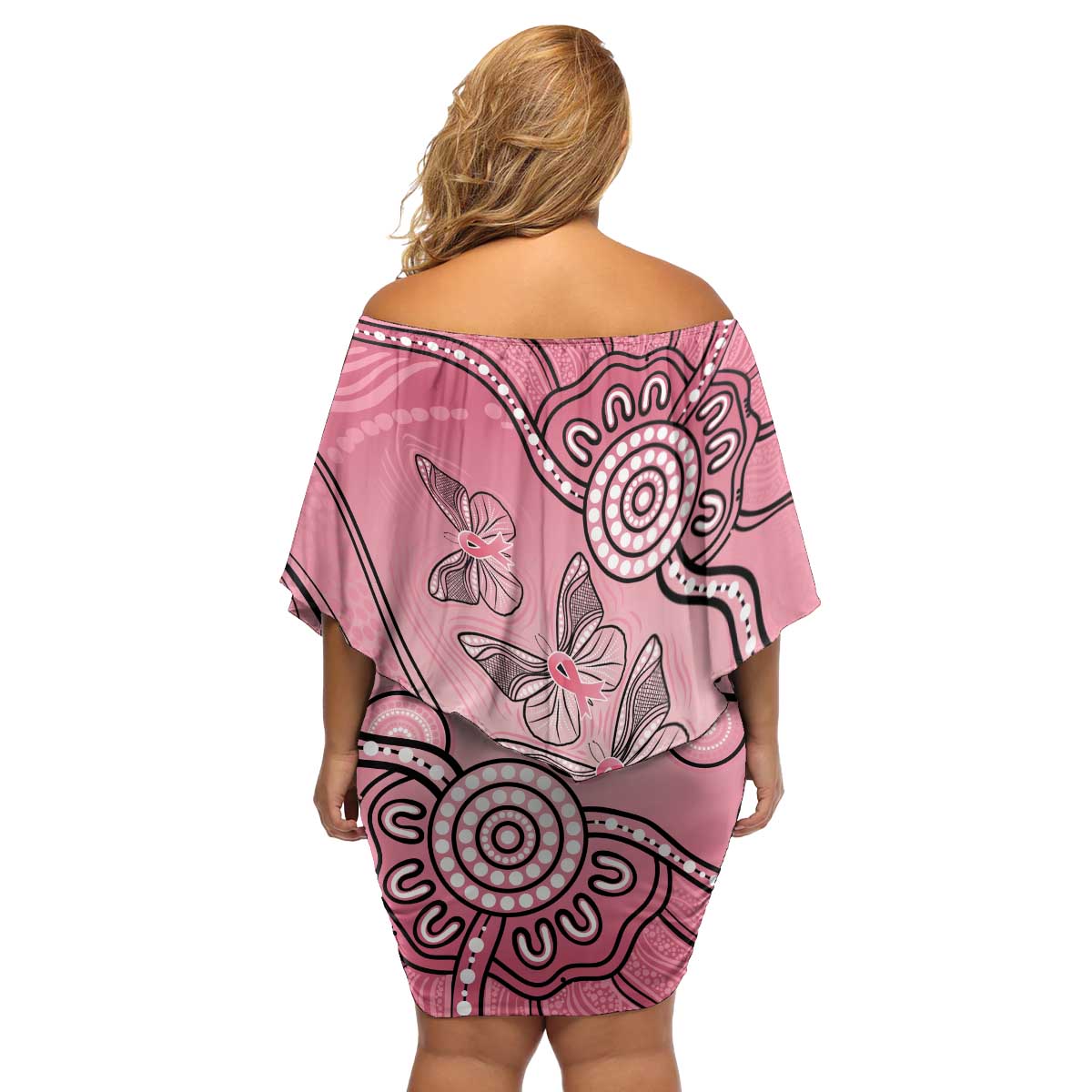 Pink Aboriginal Butterfly Ribbon Cancer Family Matching Off Shoulder Short Dress and Hawaiian Shirt