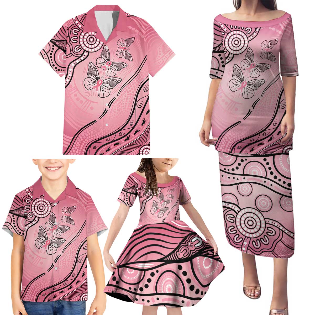 Pink Aboriginal Butterfly Ribbon Cancer Family Matching Puletasi and Hawaiian Shirt