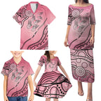 Pink Aboriginal Butterfly Ribbon Cancer Family Matching Puletasi and Hawaiian Shirt