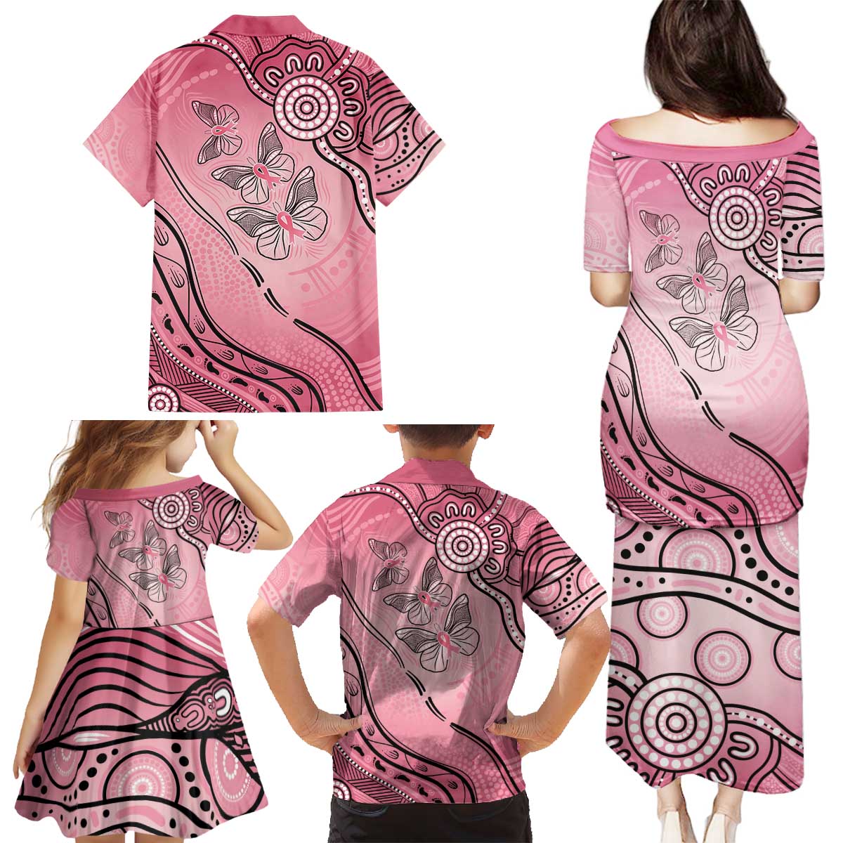 Pink Aboriginal Butterfly Ribbon Cancer Family Matching Puletasi and Hawaiian Shirt