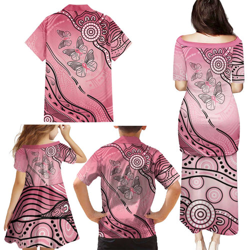 Pink Aboriginal Butterfly Ribbon Cancer Family Matching Puletasi and Hawaiian Shirt