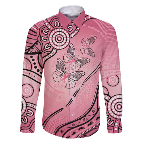 Pink Aboriginal Butterfly Ribbon Cancer Family Matching Puletasi and Hawaiian Shirt