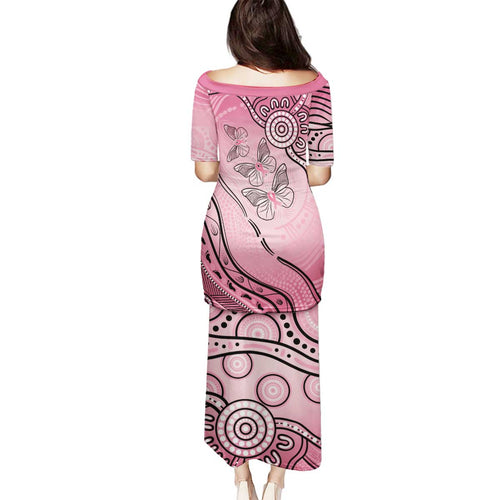 Pink Aboriginal Butterfly Ribbon Cancer Family Matching Puletasi and Hawaiian Shirt