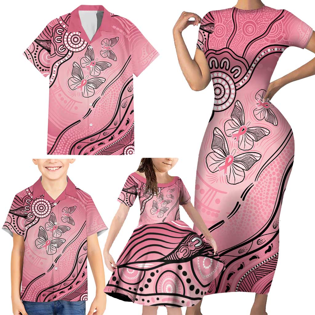 Pink Aboriginal Butterfly Ribbon Cancer Family Matching Short Sleeve Bodycon Dress and Hawaiian Shirt