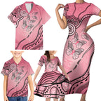 Pink Aboriginal Butterfly Ribbon Cancer Family Matching Short Sleeve Bodycon Dress and Hawaiian Shirt
