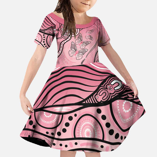 Pink Aboriginal Butterfly Ribbon Cancer Family Matching Short Sleeve Bodycon Dress and Hawaiian Shirt