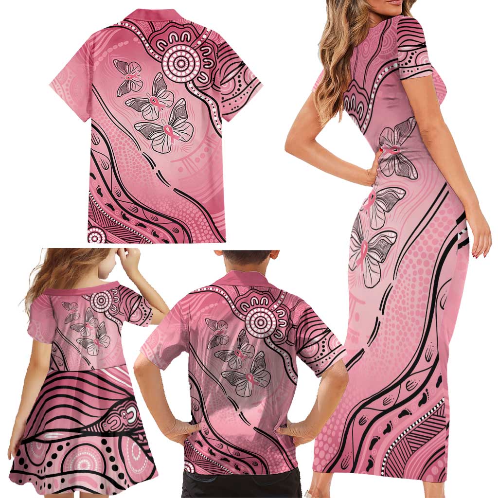 Pink Aboriginal Butterfly Ribbon Cancer Family Matching Short Sleeve Bodycon Dress and Hawaiian Shirt