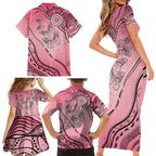 Pink Aboriginal Butterfly Ribbon Cancer Family Matching Short Sleeve Bodycon Dress and Hawaiian Shirt