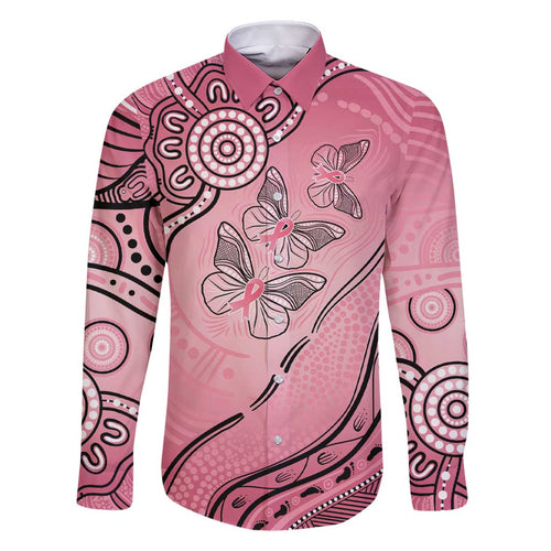 Pink Aboriginal Butterfly Ribbon Cancer Family Matching Short Sleeve Bodycon Dress and Hawaiian Shirt