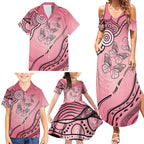 Pink Aboriginal Butterfly Ribbon Cancer Family Matching Summer Maxi Dress and Hawaiian Shirt