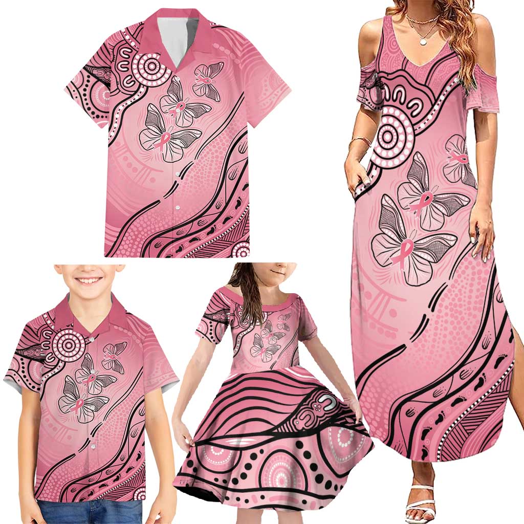 Pink Aboriginal Butterfly Ribbon Cancer Family Matching Summer Maxi Dress and Hawaiian Shirt