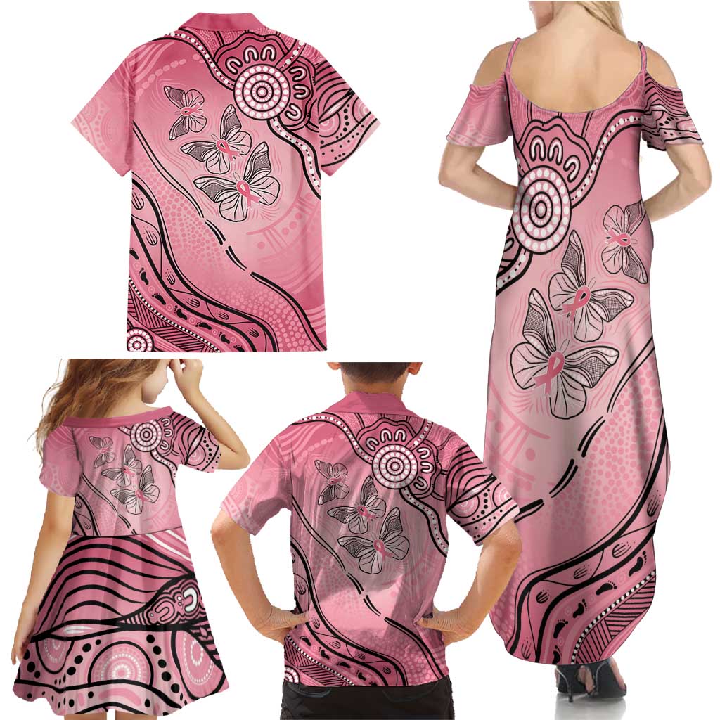 Pink Aboriginal Butterfly Ribbon Cancer Family Matching Summer Maxi Dress and Hawaiian Shirt