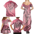 Pink Aboriginal Butterfly Ribbon Cancer Family Matching Summer Maxi Dress and Hawaiian Shirt