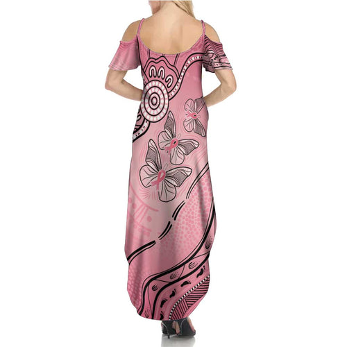 Pink Aboriginal Butterfly Ribbon Cancer Family Matching Summer Maxi Dress and Hawaiian Shirt