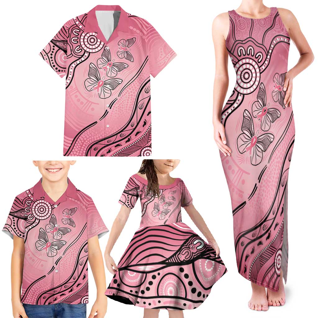 Pink Aboriginal Butterfly Ribbon Cancer Family Matching Tank Maxi Dress and Hawaiian Shirt