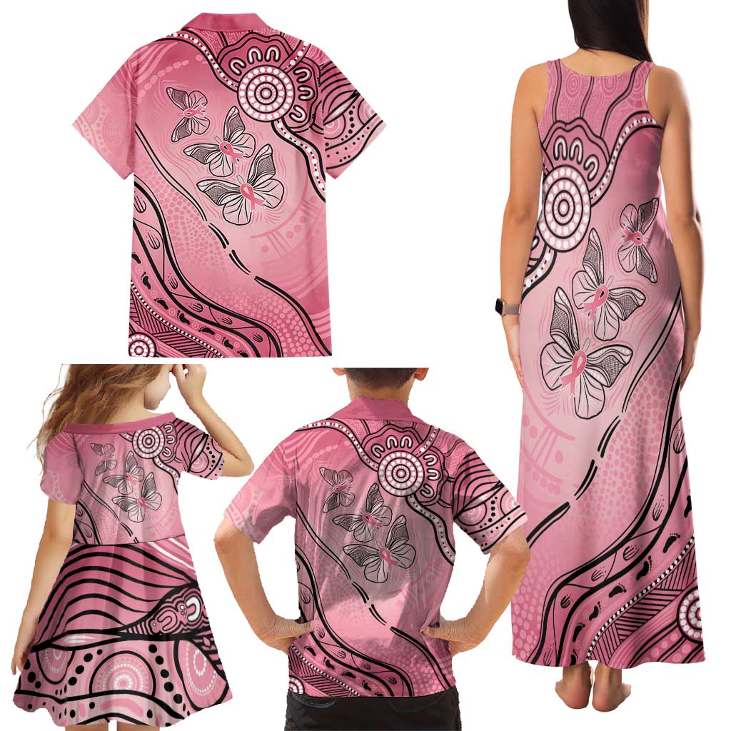 Pink Aboriginal Butterfly Ribbon Cancer Family Matching Tank Maxi Dress and Hawaiian Shirt