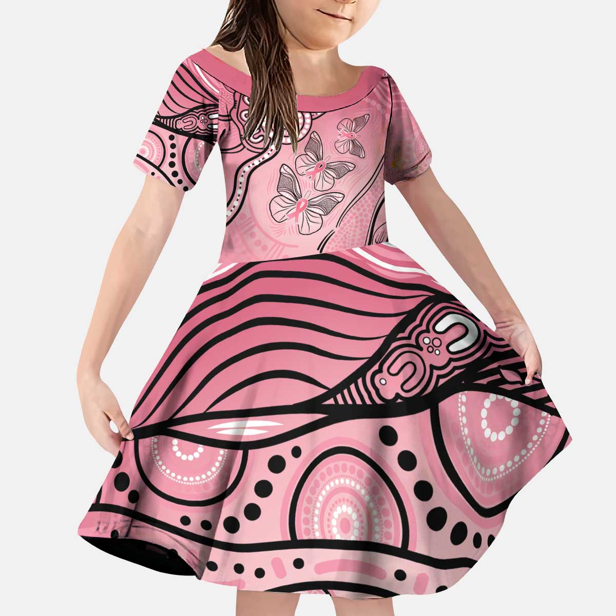 Pink Aboriginal Butterfly Ribbon Cancer Kid Short Sleeve Dress