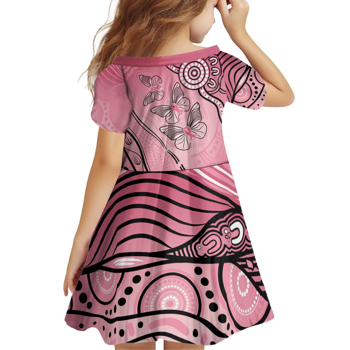 Pink Aboriginal Butterfly Ribbon Cancer Kid Short Sleeve Dress