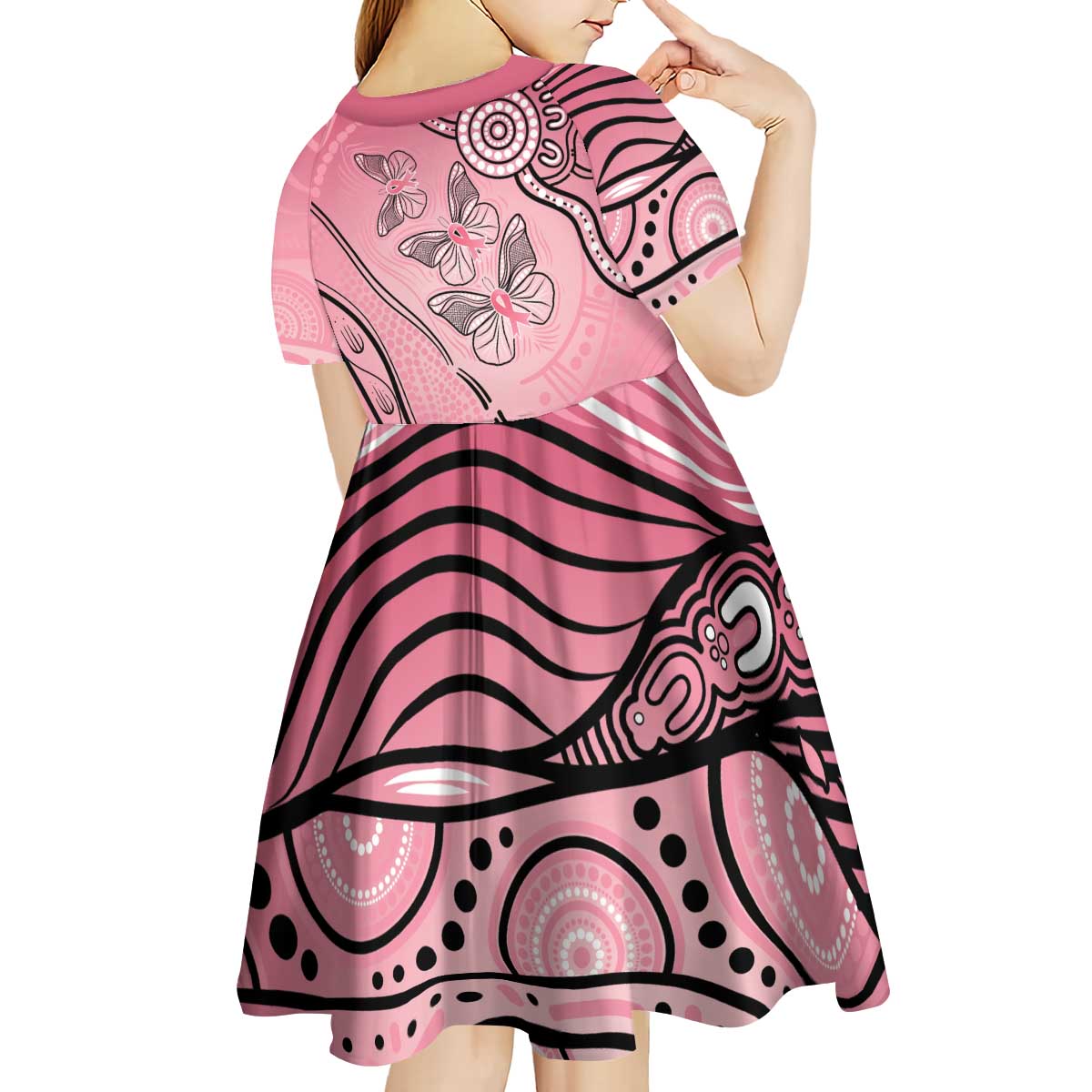 Pink Aboriginal Butterfly Ribbon Cancer Kid Short Sleeve Dress