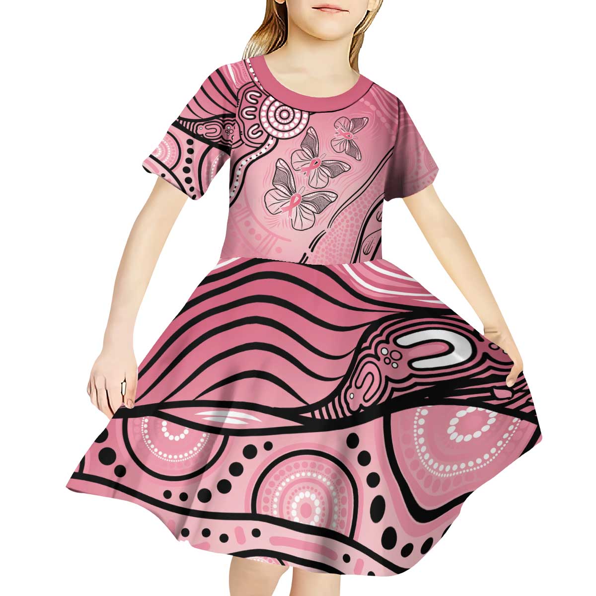 Pink Aboriginal Butterfly Ribbon Cancer Kid Short Sleeve Dress