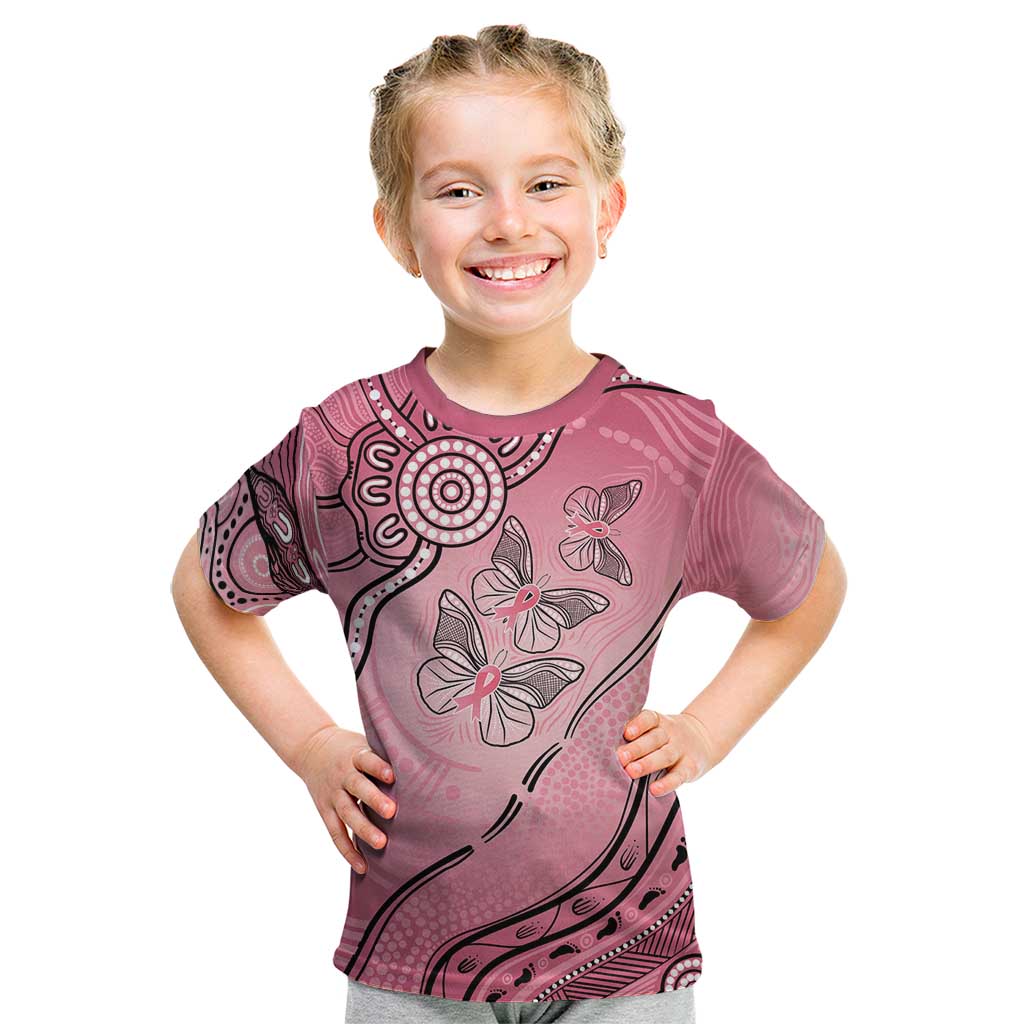 Pink Aboriginal Butterfly Ribbon Cancer Kid T Shirt