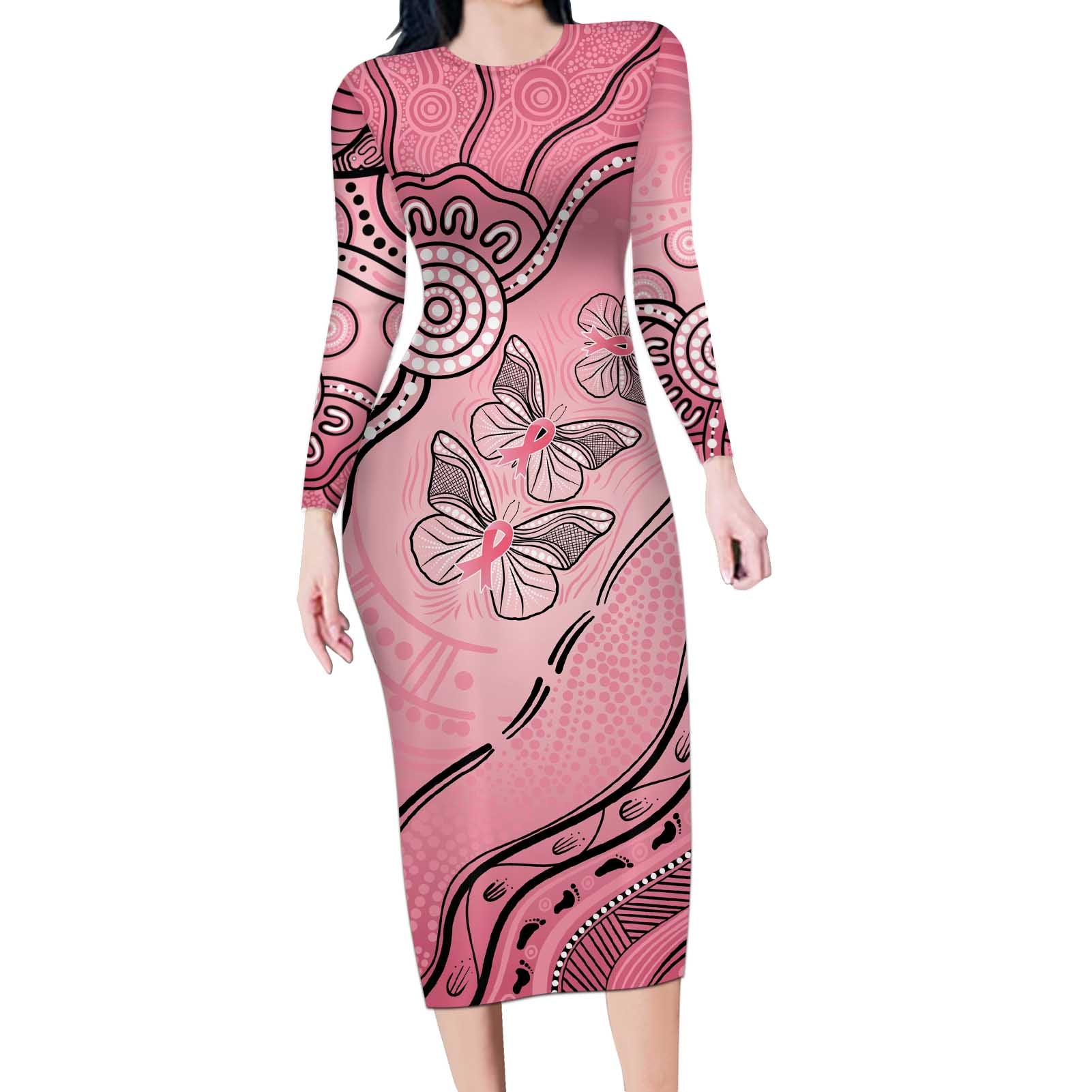 Pink Aboriginal Butterfly Ribbon Cancer Long Sleeve Bodycon Dress