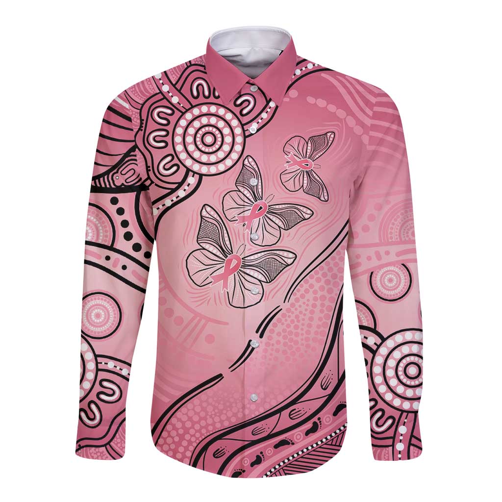 Pink Aboriginal Butterfly Ribbon Cancer Long Sleeve Button Shirt