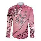 Pink Aboriginal Butterfly Ribbon Cancer Long Sleeve Button Shirt