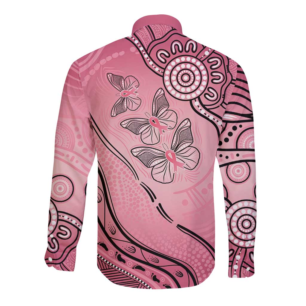 Pink Aboriginal Butterfly Ribbon Cancer Long Sleeve Button Shirt
