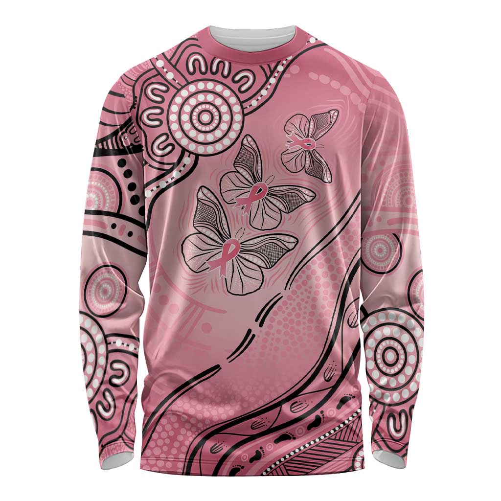 Pink Aboriginal Butterfly Ribbon Cancer Long Sleeve Shirt