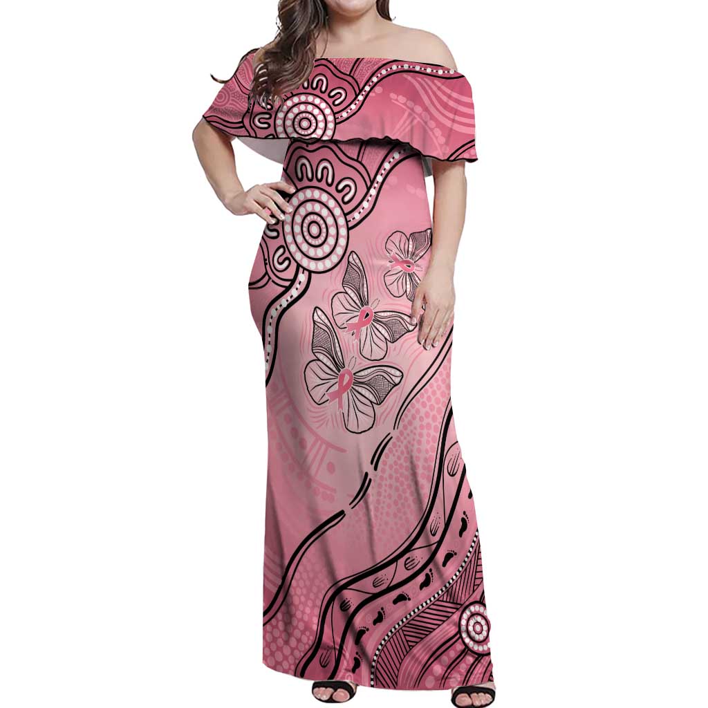 Pink Aboriginal Butterfly Ribbon Cancer Off Shoulder Maxi Dress