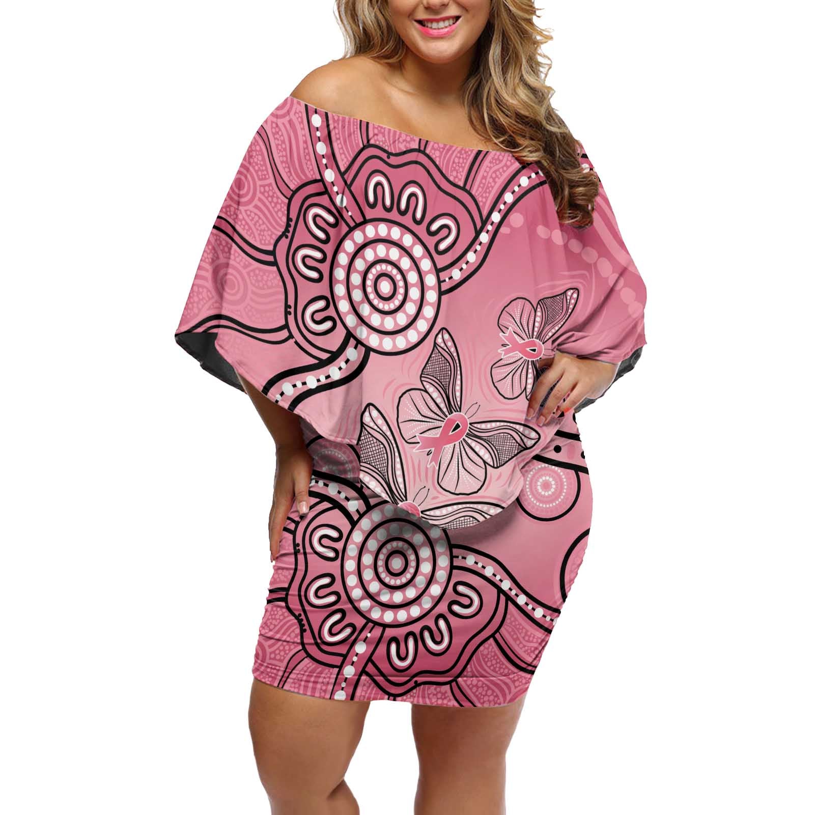 Pink Aboriginal Butterfly Ribbon Cancer Off Shoulder Short Dress