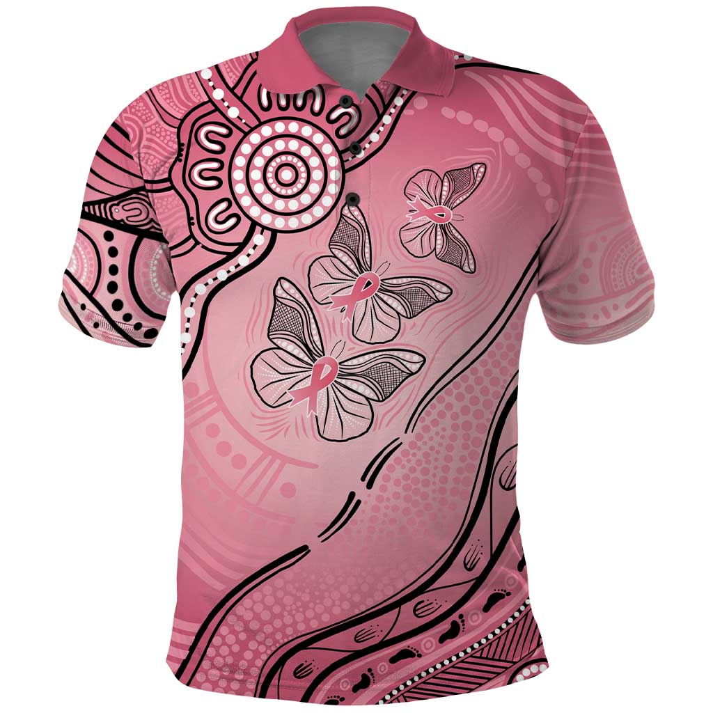 Pink Aboriginal Butterfly Ribbon Cancer Polo Shirt