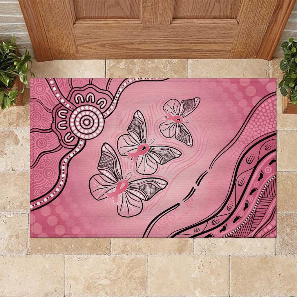 Pink Aboriginal Butterfly Ribbon Cancer Rubber Doormat