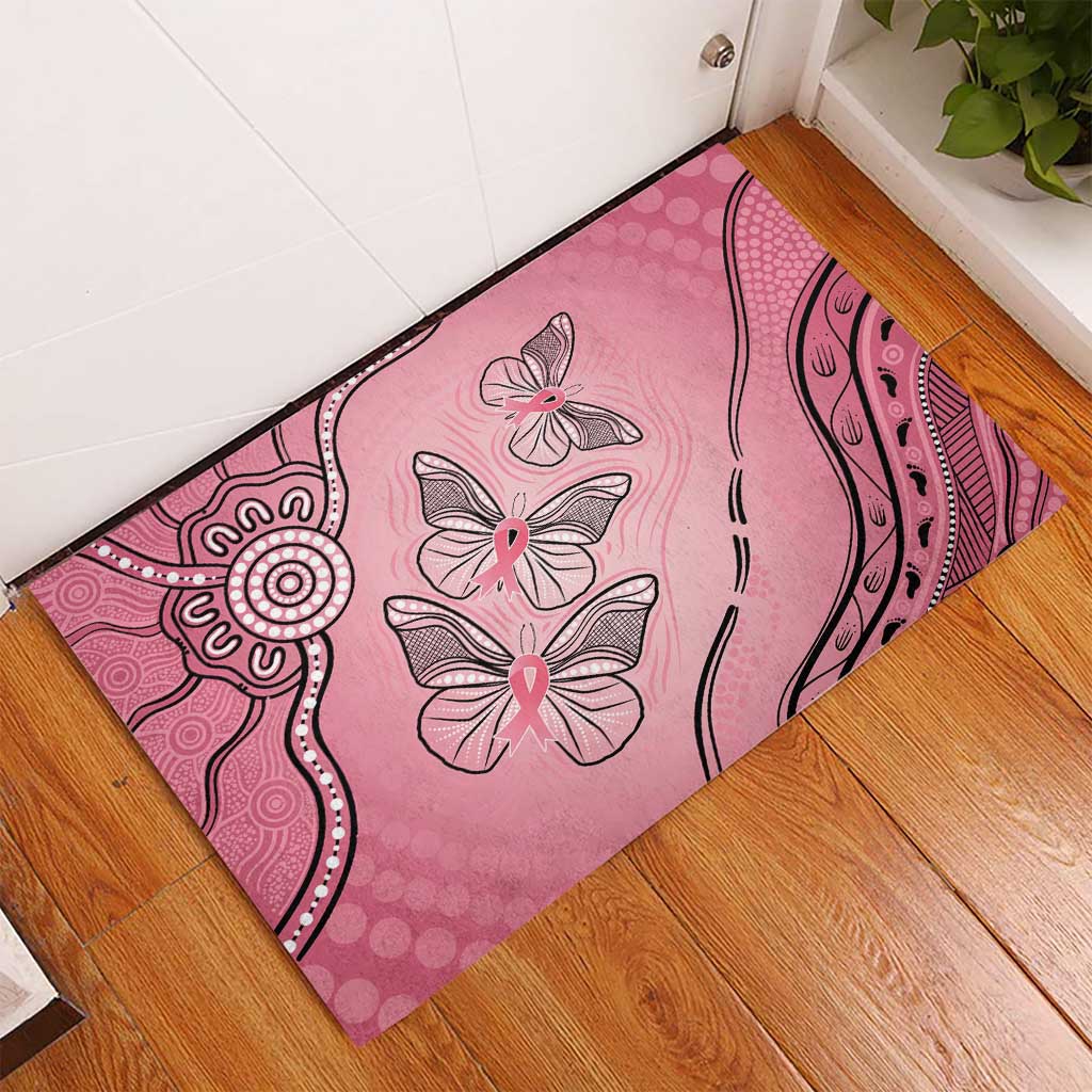 Pink Aboriginal Butterfly Ribbon Cancer Rubber Doormat