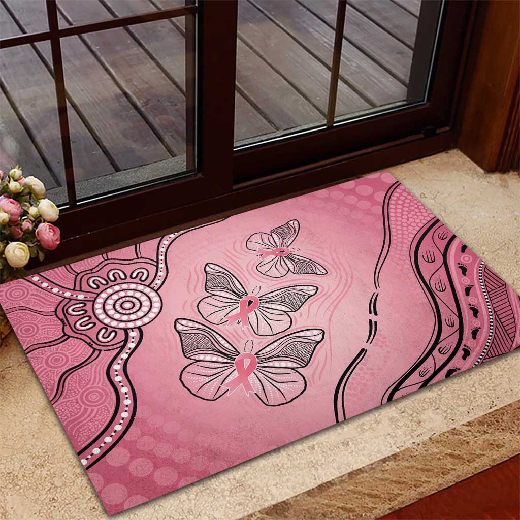 Pink Aboriginal Butterfly Ribbon Cancer Rubber Doormat