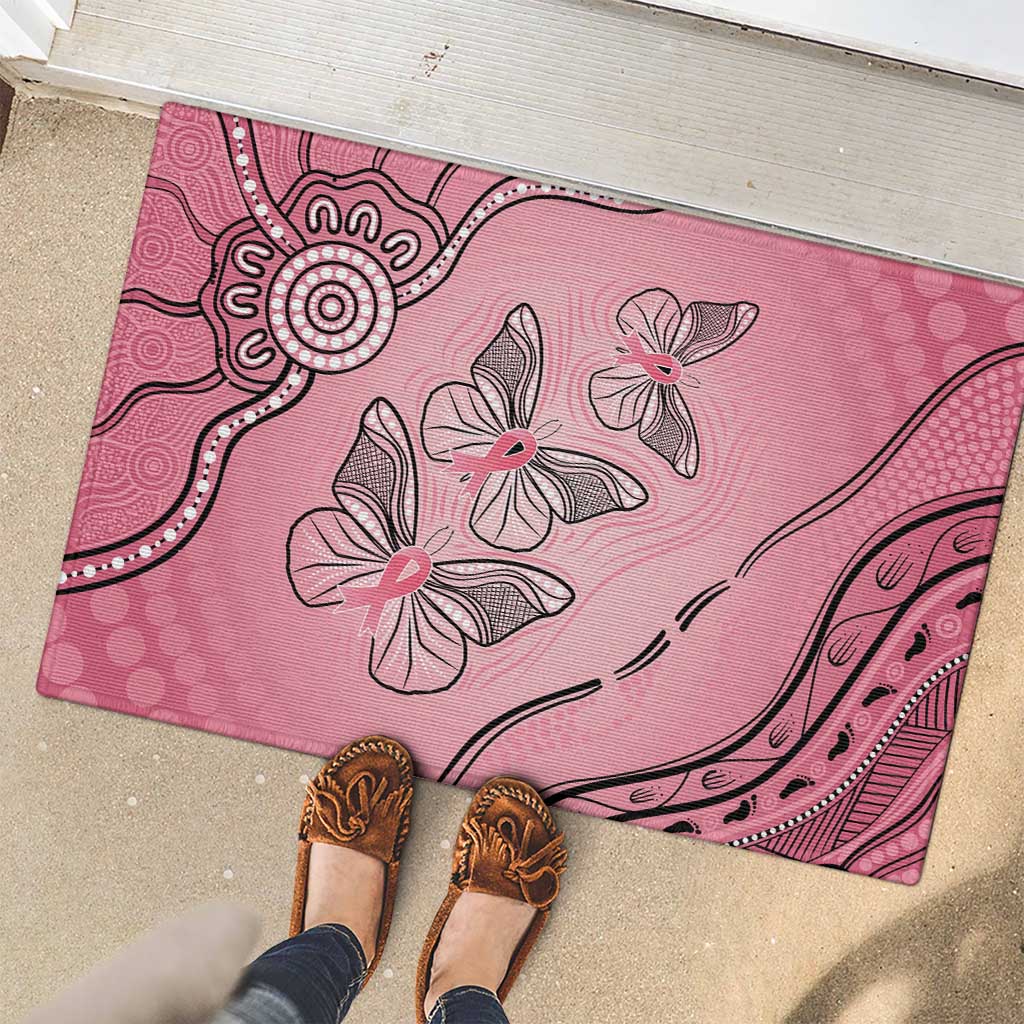 Pink Aboriginal Butterfly Ribbon Cancer Rubber Doormat