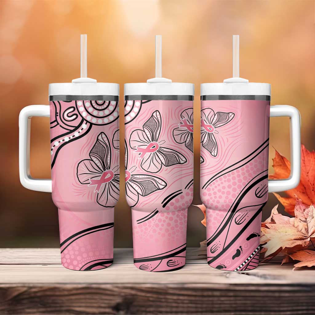 Pink Aboriginal Butterfly Ribbon Cancer Tumbler With Handle