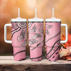 Pink Aboriginal Butterfly Ribbon Cancer Tumbler With Handle