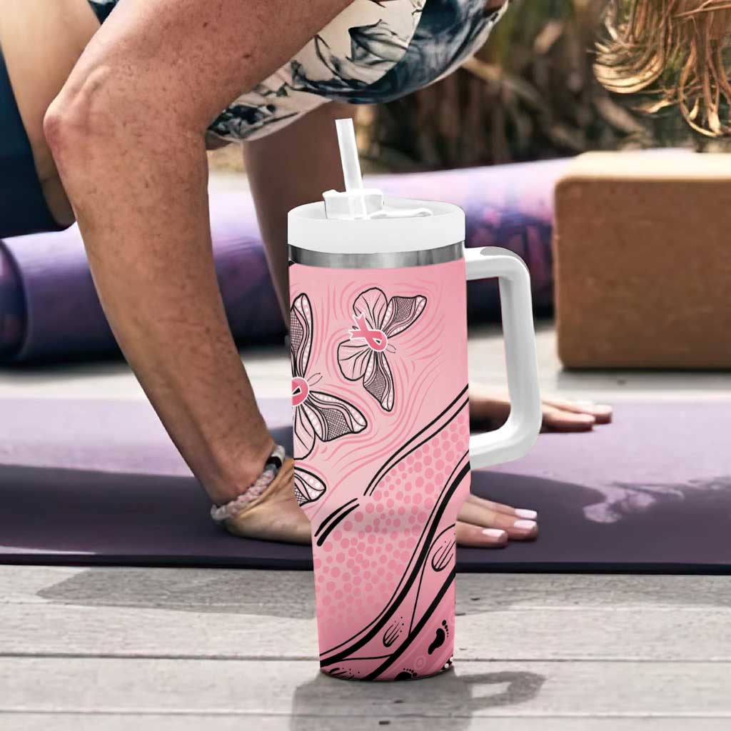 Pink Aboriginal Butterfly Ribbon Cancer Tumbler With Handle