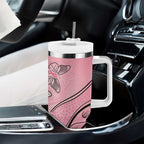 Pink Aboriginal Butterfly Ribbon Cancer Tumbler With Handle