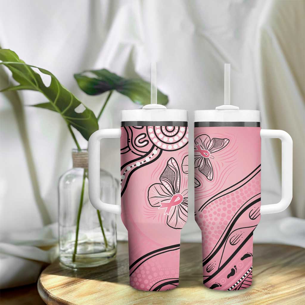 Pink Aboriginal Butterfly Ribbon Cancer Tumbler With Handle