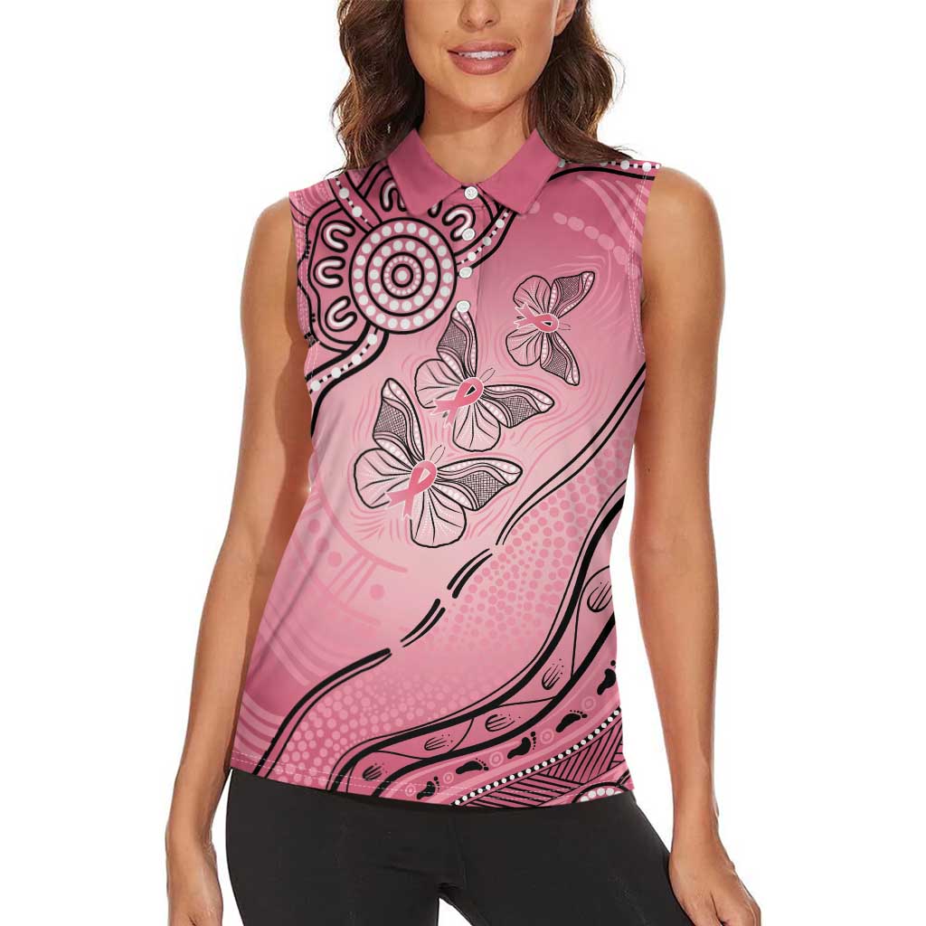 Pink Aboriginal Butterfly Ribbon Cancer Women Sleeveless Polo Shirt