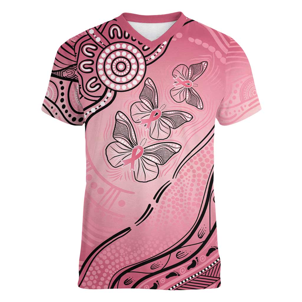Pink Aboriginal Butterfly Ribbon Cancer Women V-Neck T-Shirt