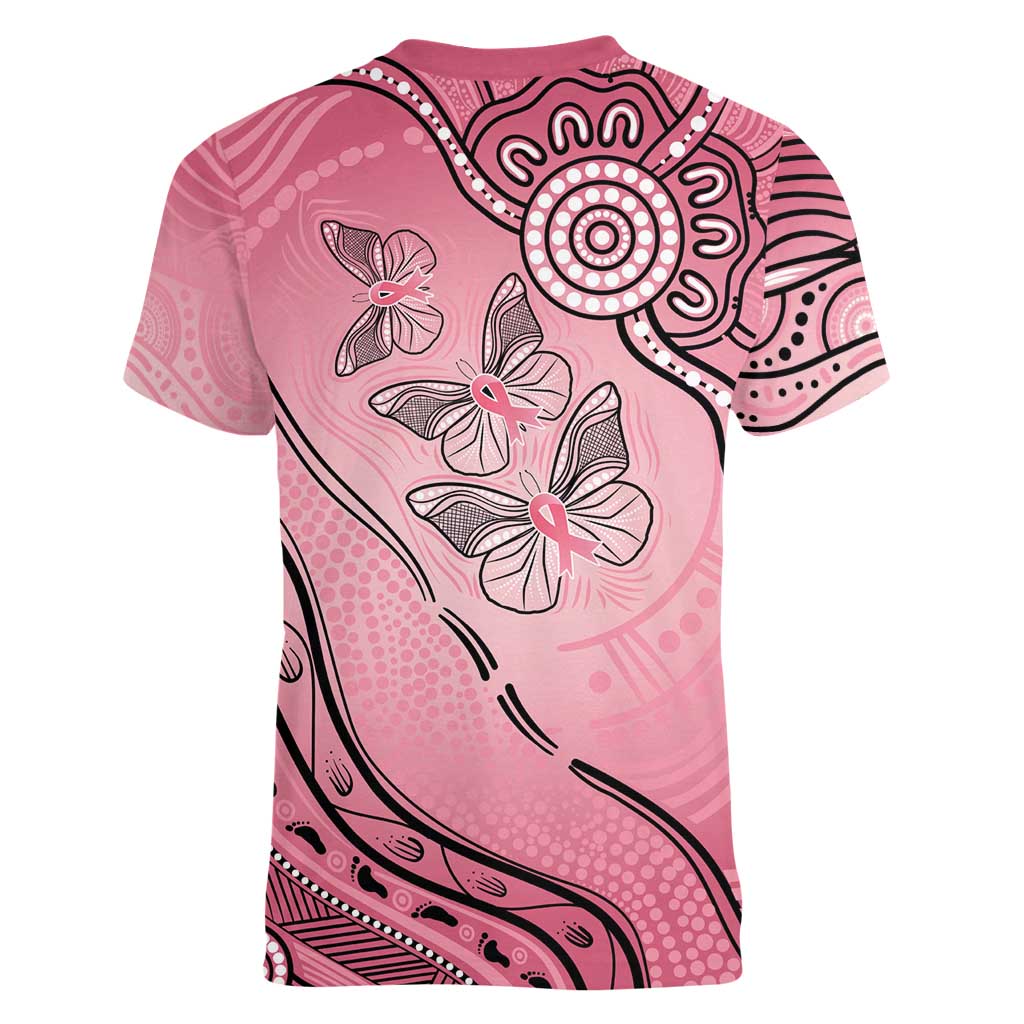 Pink Aboriginal Butterfly Ribbon Cancer Women V-Neck T-Shirt