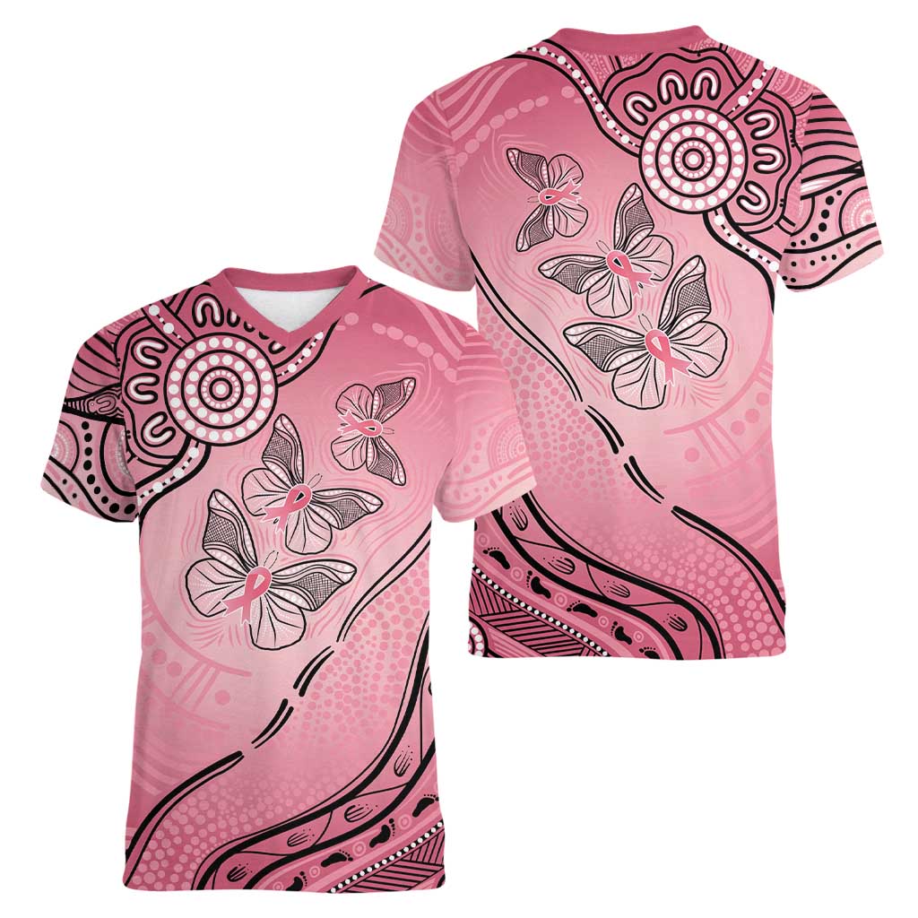 Pink Aboriginal Butterfly Ribbon Cancer Women V-Neck T-Shirt