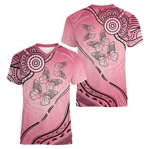 Pink Aboriginal Butterfly Ribbon Cancer Women V-Neck T-Shirt