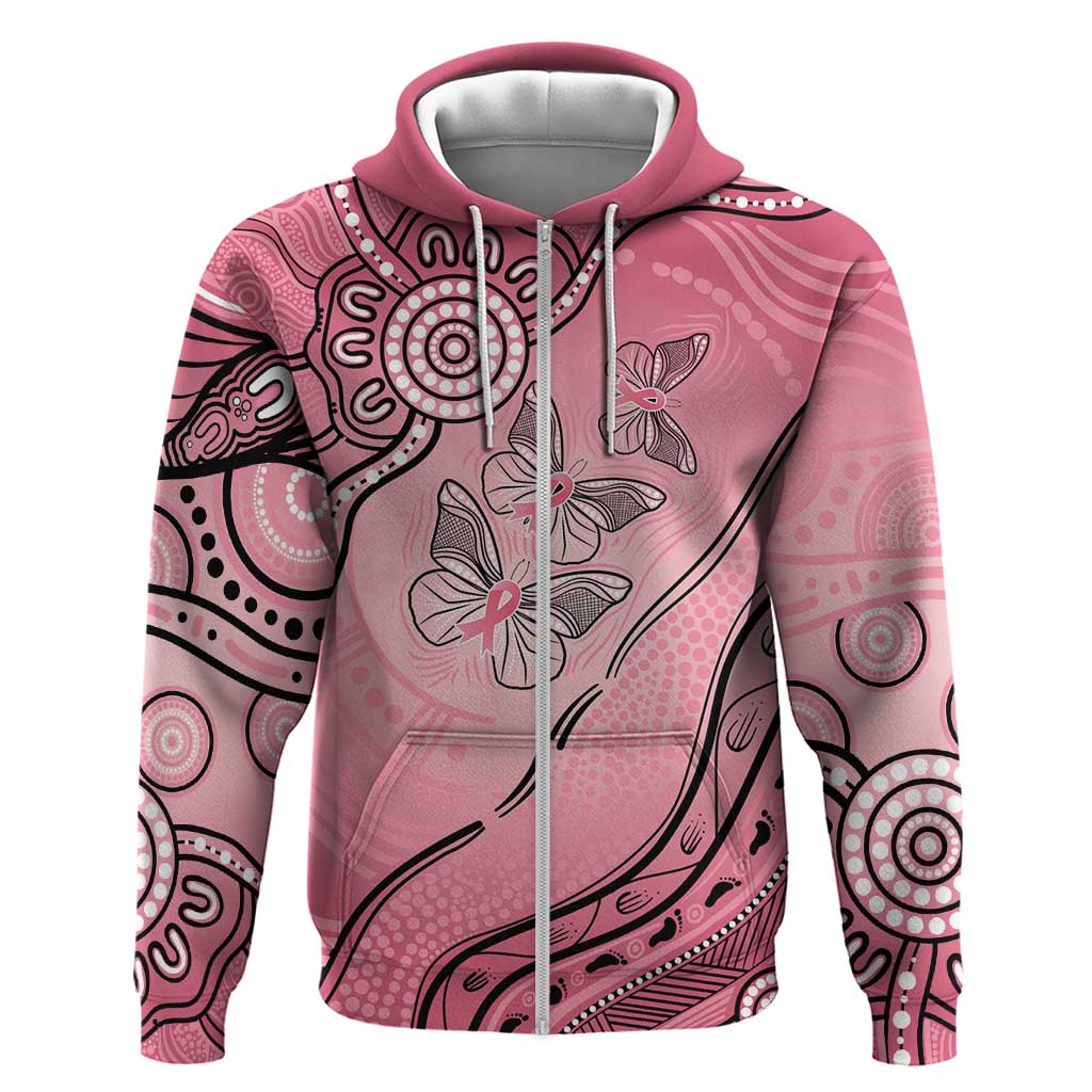Pink Aboriginal Butterfly Ribbon Cancer Zip Hoodie