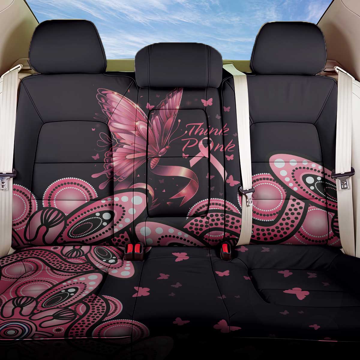 Think Pink Butterfly Ribbon Aboriginal Art Back Car Seat Cover